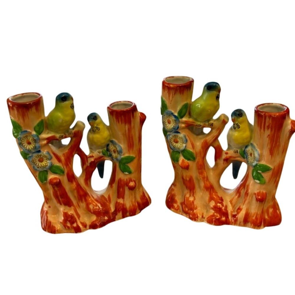 Lusterware Vintage Porcelain Double Bud Vases Parakeets Made in Japan x2‎